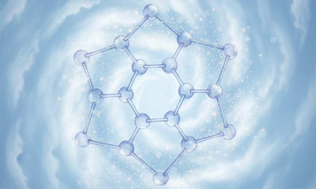 雪の結晶が六角形になる分子構造を表す実写風イメージ