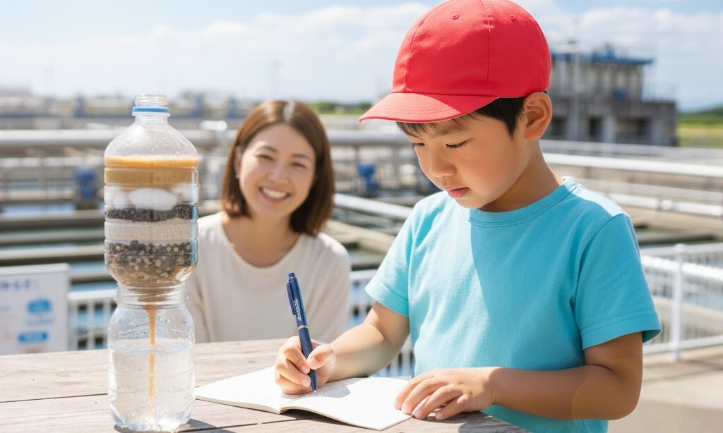 ノートにメモを取る小学生｜浄水場の仕組みを学ぶ自由研究の様子