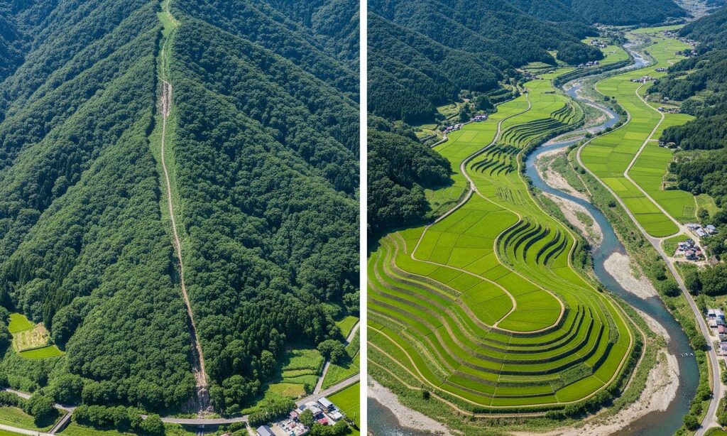 断層崖と段丘崖の違いを比較した実写風俯瞰イメージ|直線的な崖と河岸段丘