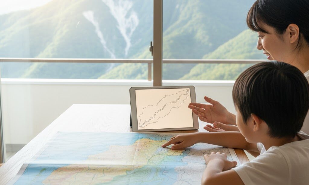 断層による崖を見分けるための地形理解を示した防災イメージ|地図と崖の観察シーン