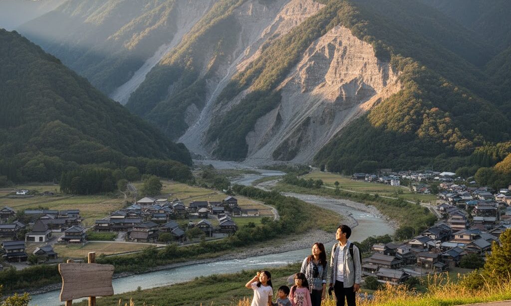 根尾谷断層を参考にした断層崖の例示イメージ|日本の山地に見られる直線的な崖地形