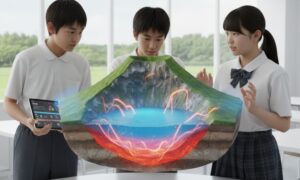 カルデラ湖を学習する中学生