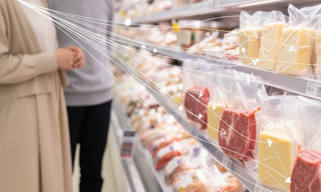 真空パックされた食品が並ぶ実写イメージ。空気を抜くことで酸化や細菌の増殖を抑えるしくみを表現。