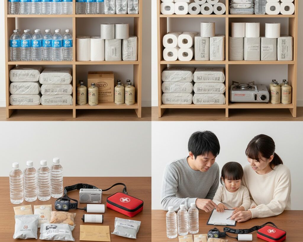 一次持ち出し用防災グッズと在宅避難用備蓄を比較しながら整理する家族