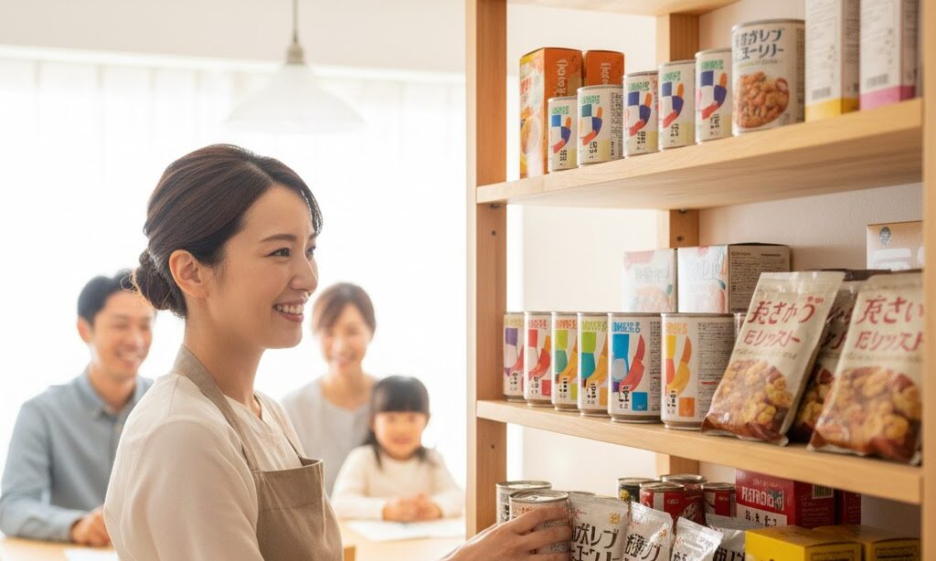 缶詰やレトルト食品を使いながら補充するローリングストックの防災食料管理イメージ写真
