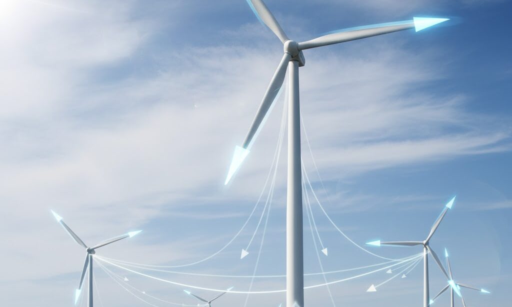 ピッチ制御とヨー制御を示す風向きに合わせた風力タービンの実写風イメージ