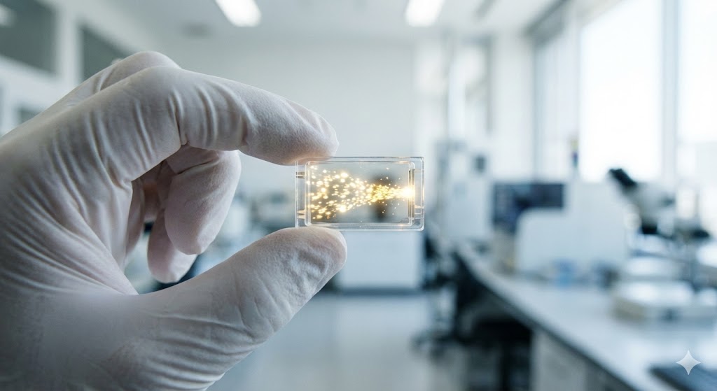 手袋をした手がLEDチップを持ち、内部に光の粒が流れるように描いた実写風イメージ