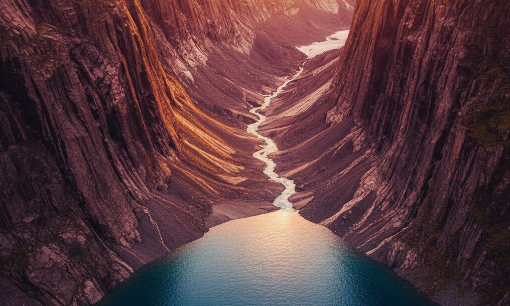 「氷河が溶け、海面上昇で海水がU字谷へ入り込みフィヨルドができる様子