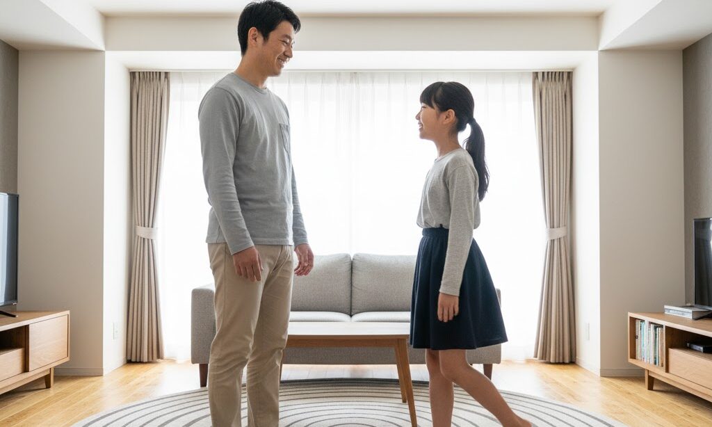 月が地球に同じ面を向け続ける仕組みを楽しそうに学ぶ親子のイメージ