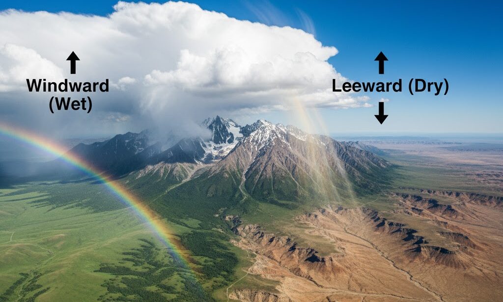 山脈の雨影で乾燥する地域のイメージ|風上と風下の気候差