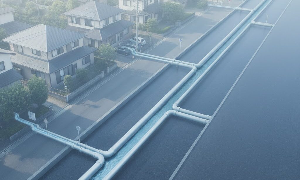 地面の下を通る下水道管のイメージ 家庭のトイレの水が下水処理場へ流れていく様子