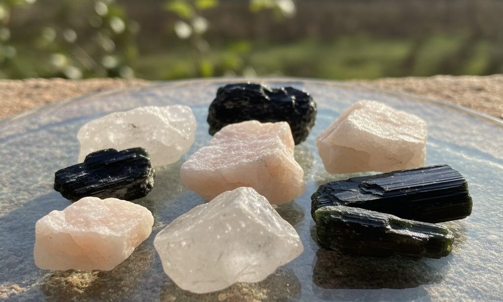 花崗岩を構成する石英・長石・黒雲母・角閃石を並べた実写風写真。鉱物の色と質感を比較できる教育的イメージ。