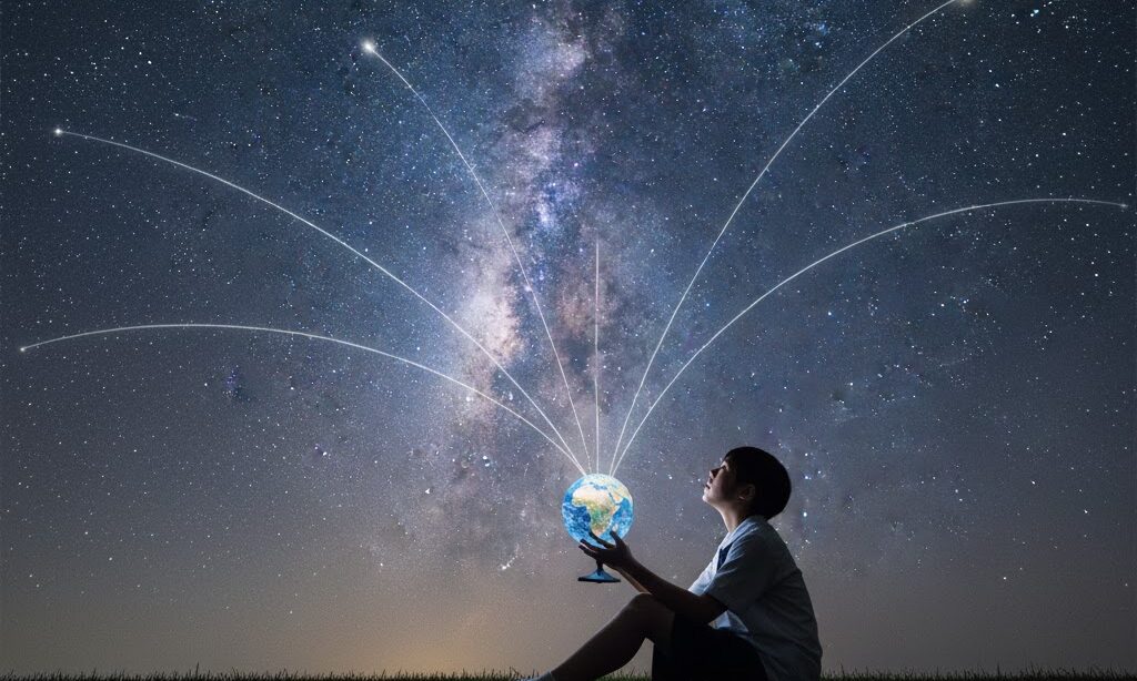 地球儀を手に宇宙の星空を見上げ重力がどこまで届くかを考える中学生