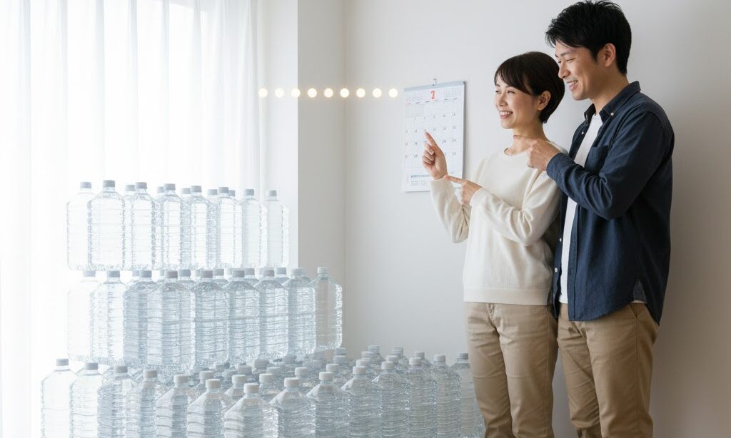 1週間分の水を家庭で備蓄し、カレンダーを見ながら確認する家族の実写風イメージ。
