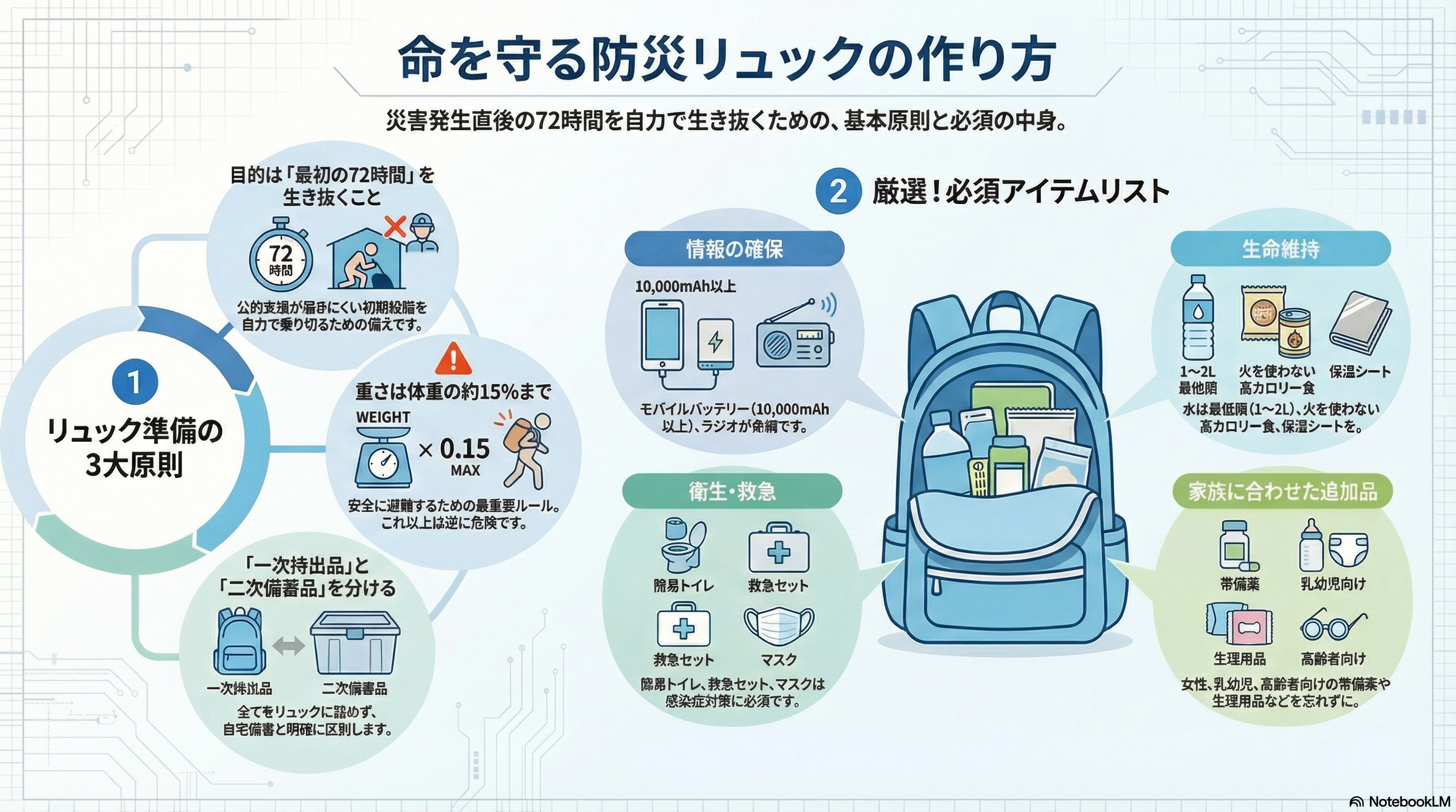 命を守る防災リュックの作り方と中身リスト図解|災害発生後72時間を生き抜くための3大原則(重さの目安・一次持出品の区分)と、情報・生命維持・衛生・家族別(女性・乳幼児・高齢者)の必須アイテムをまとめたインフォグラフィック