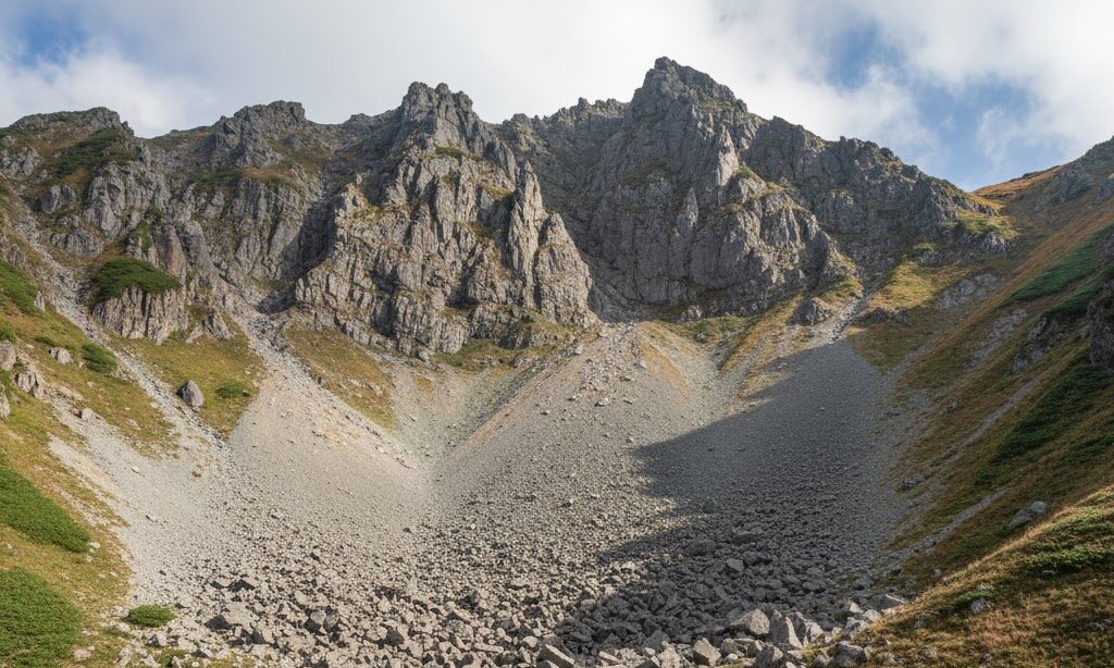 断層崖が侵食され崖錐が形成される様子|崖下に広がる土砂堆積の実写風写真