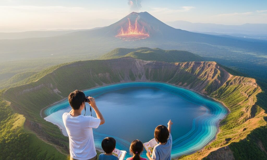 カルデラ湖と火山の過去の巨大噴火を意識した防災啓発イメージ
