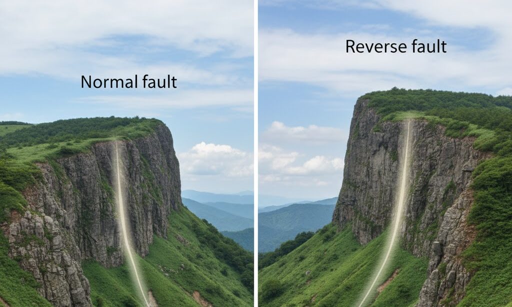 正断層と逆断層の違いを比較できる上下のズレのある地形|断層タイプの実写風イメージ