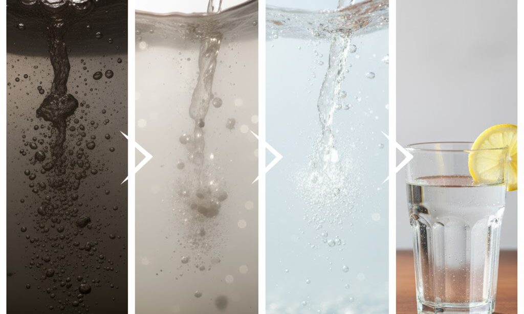 濁った水が透明な水に変わる浄水過程のイメージ｜水がきれいになる流れ