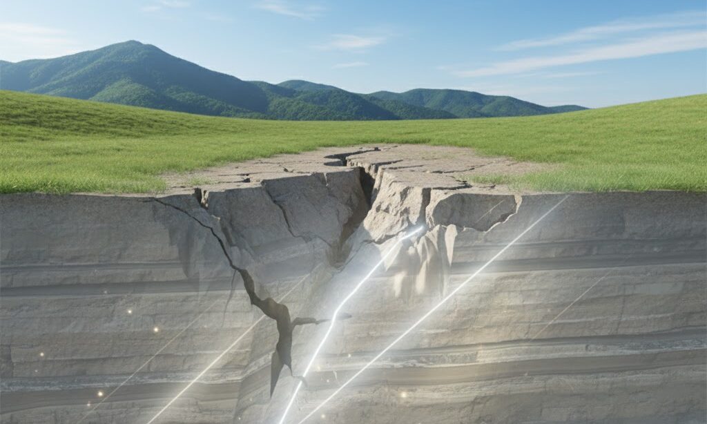 地震による地盤の上下変動で崖が形成される仕組み|断層運動のイメージ写真