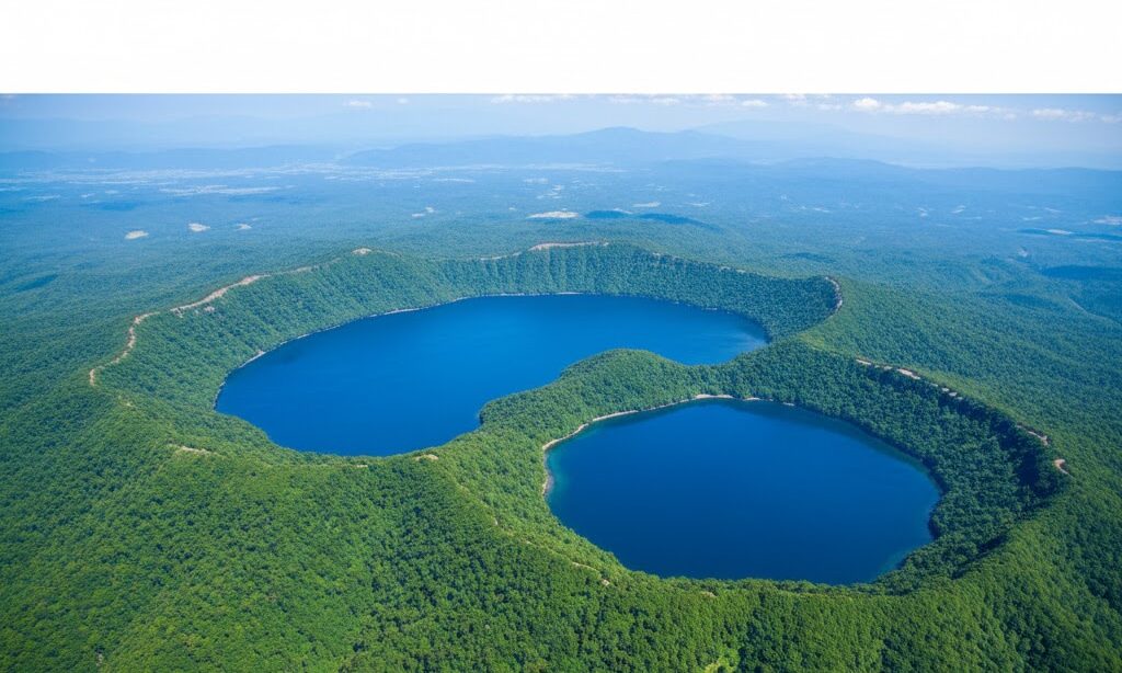 二重カルデラ構造が特徴の十和田湖を上空から見たイメージ