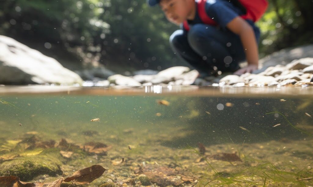 川の水を観察する小学生｜見た目はきれいでも飲めない理由のイメージ