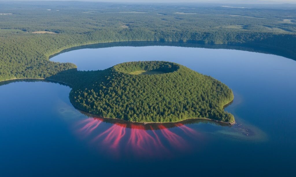 屈斜路湖と中央に浮かぶ火山島「中島」の地形を示す実写風イメージ