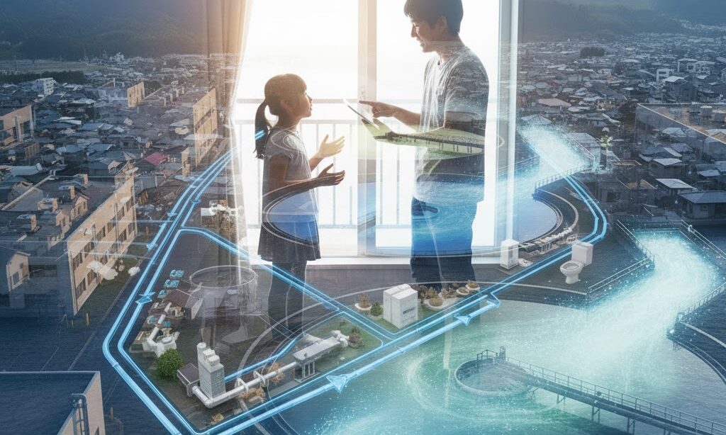 山から川、浄水場、家庭、下水処理場まで続く水の循環を一枚に表現した防災教育イメージ