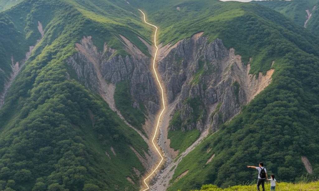 断層の動きでできる崖の仕組みを示した実写風イメージ|地形の段差とズレの様子