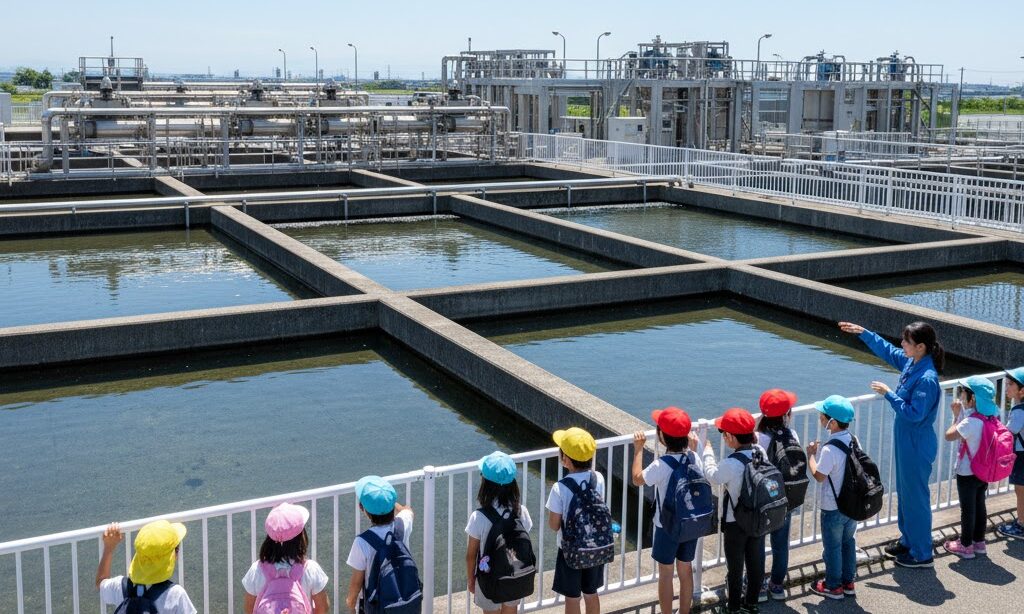 浄水場の全体風景と子どもの見学シーン｜水の流れの仕組みを学ぶ様子
