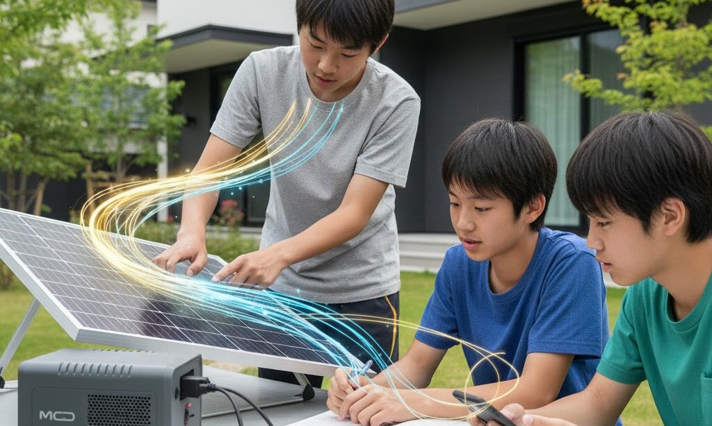 中学生がソーラーパネルについて勉強している様子