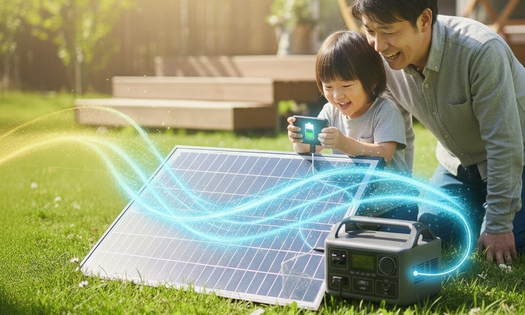 ソーラーパネルからポータブル電源へ電力量が流れるイメージ。防災時のソーラー充電と充電時間の目安を説明する図。