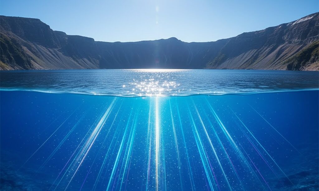 カルデラ湖の水が青く見える光の散乱と透明度の高さを表すイメージ
