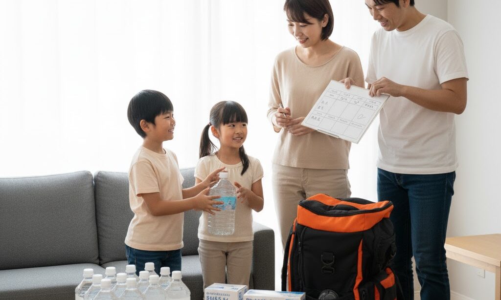飲料水と簡易トイレなどをバランスよく備えた家庭の防災備蓄全体イメージ