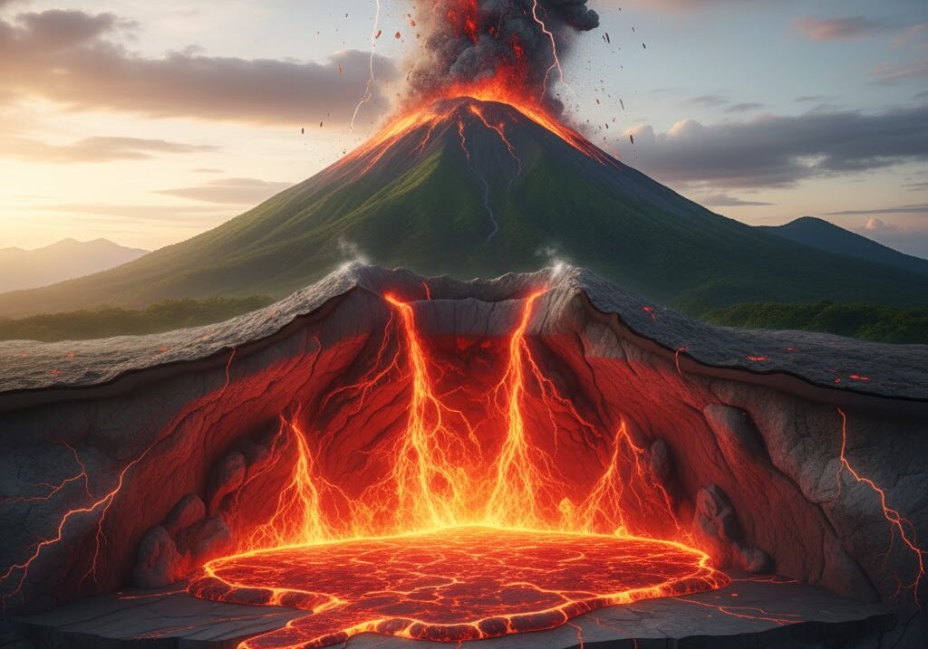 地下に広がるマグマだまりと噴火の様子を表現した実写風断面イメージ