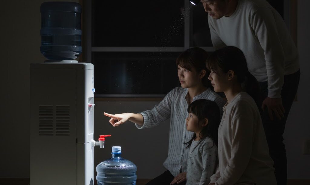 停電時にウォーターサーバーが使えるか確認し非常用コック付きボトルも準備する家庭の様子