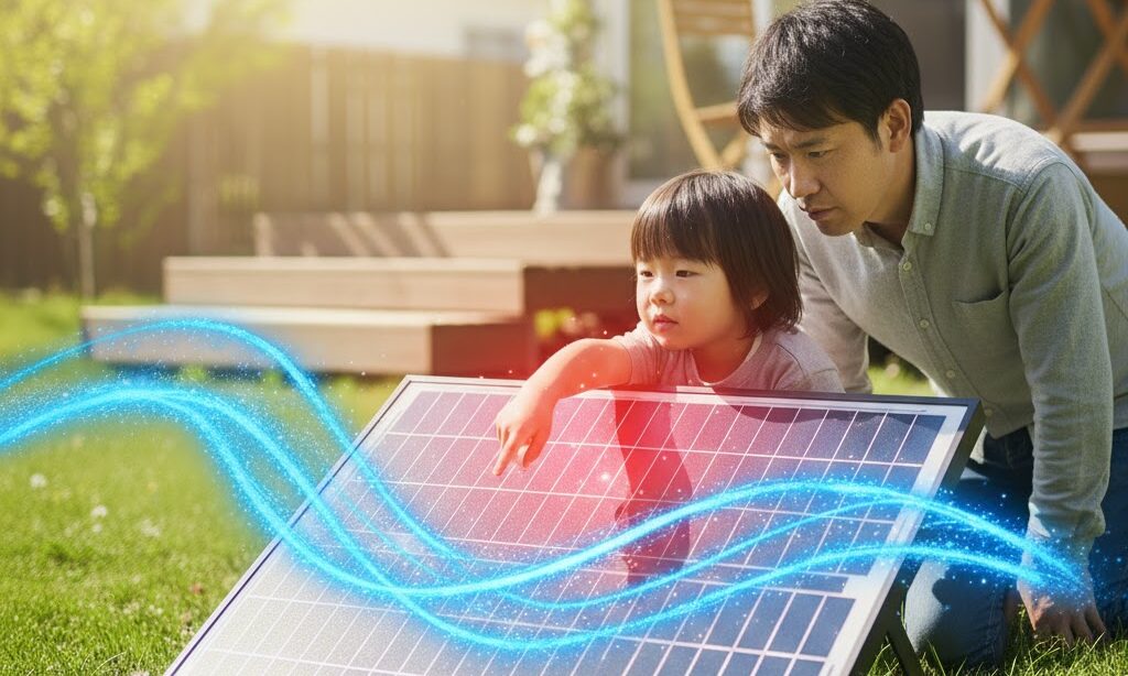 影のかかったソーラーパネルの一部が発熱するホットスポット現象を示すイメージ。発電の安全性に関する注意を視覚化した画像。