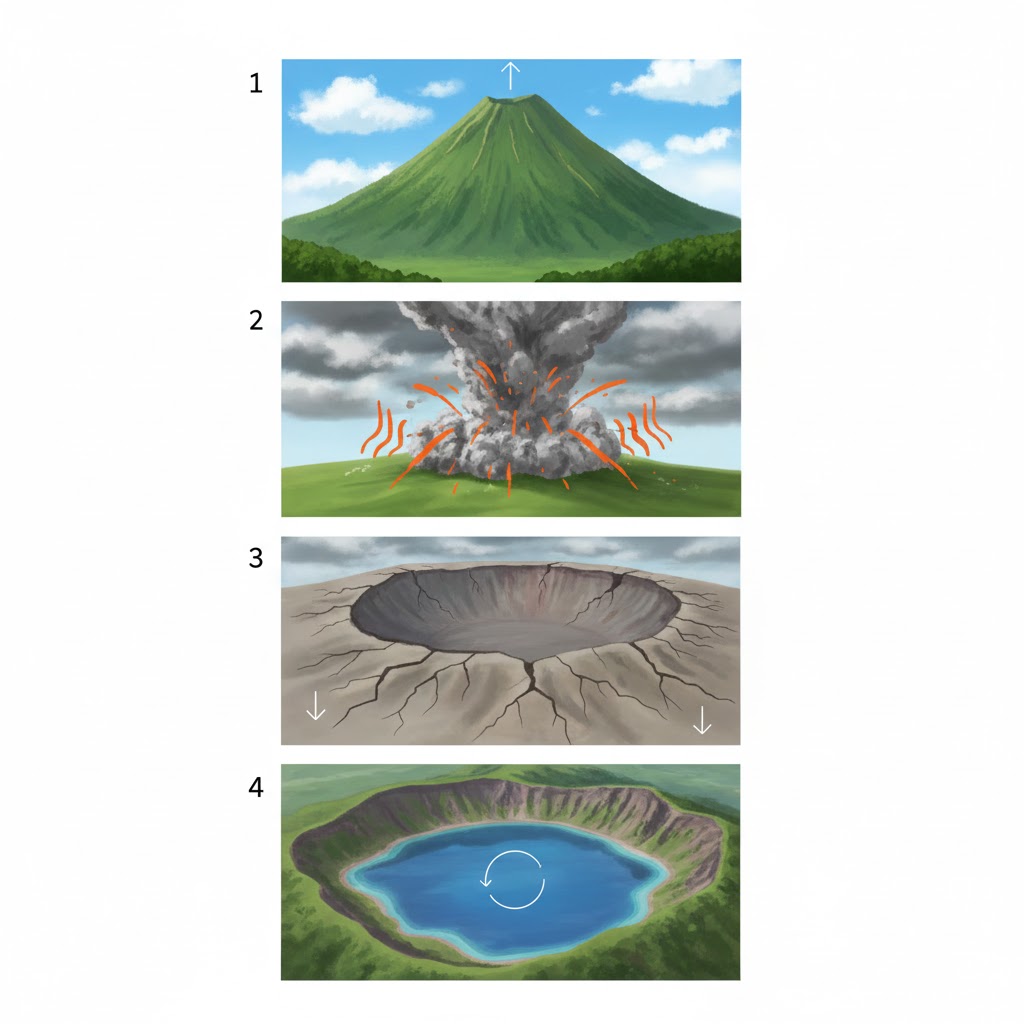 火山噴火から地盤沈下、湖の形成までのカルデラ湖誕生の流れを示した図