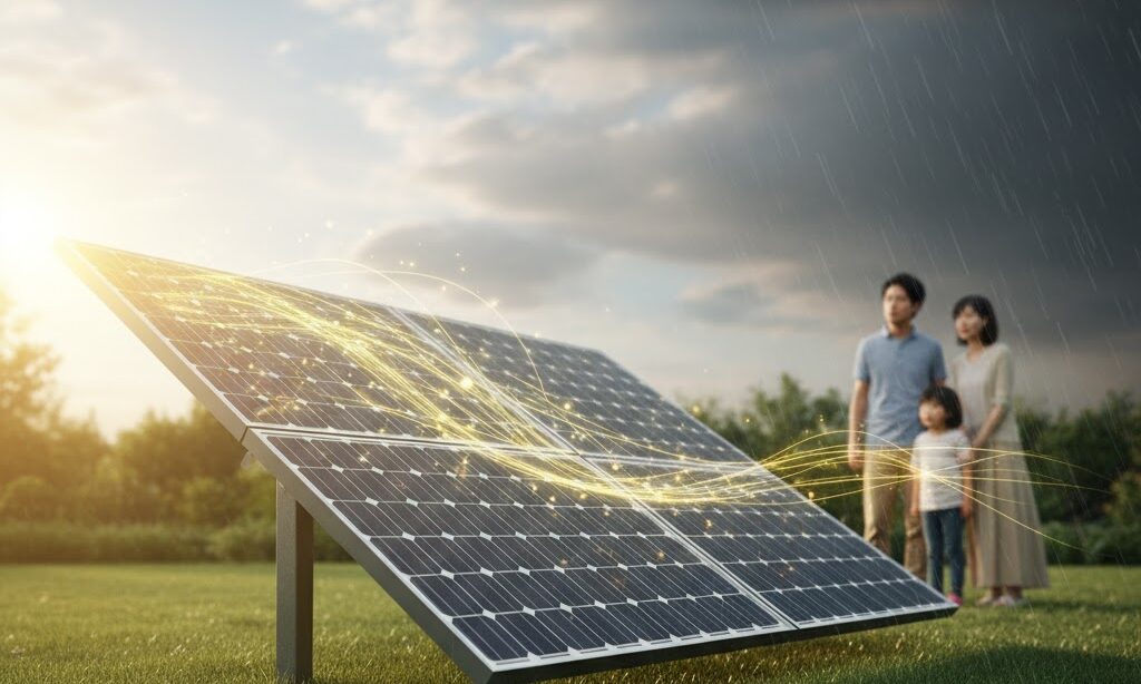 晴れ・曇り・雨の天候でソーラーパネルの発電量が変わる様子を示すイメージ。天気と発電効率の関係をわかりやすく表現。