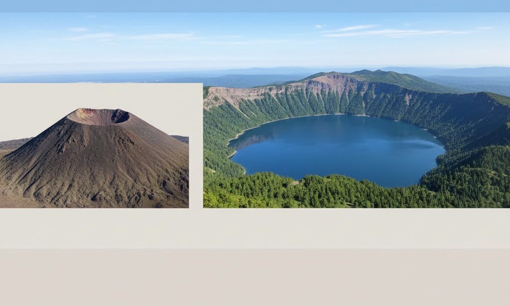 火口とカルデラの大きさやでき方の違いが分かる噴火地形の比較イメージ