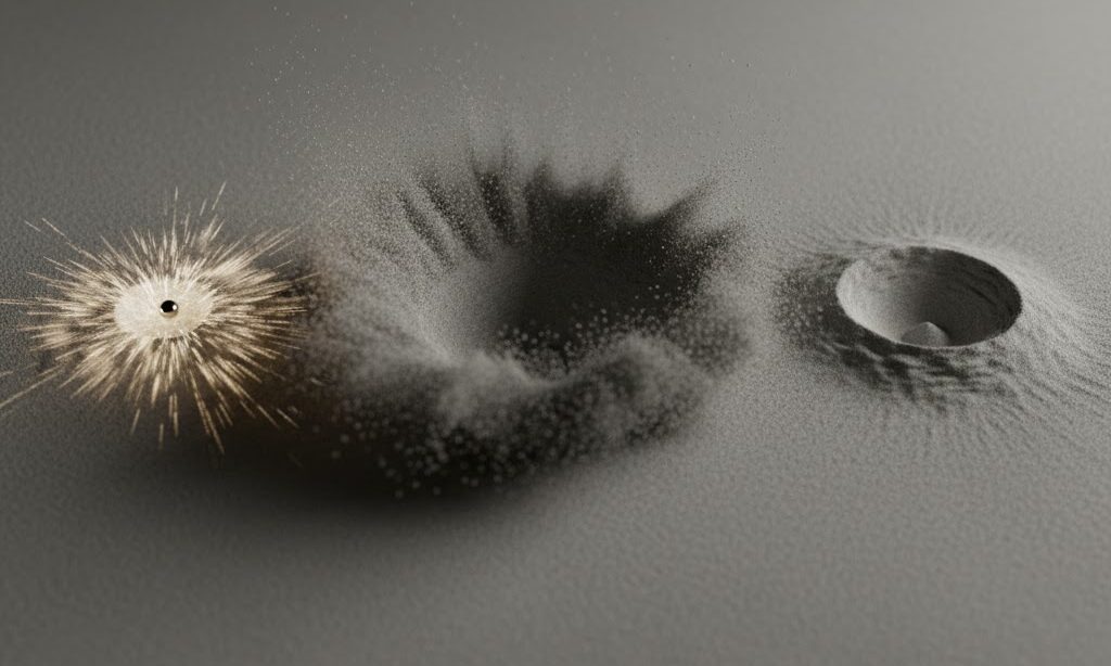 衝突でクレーターができる3ステップを示す実写風モデル