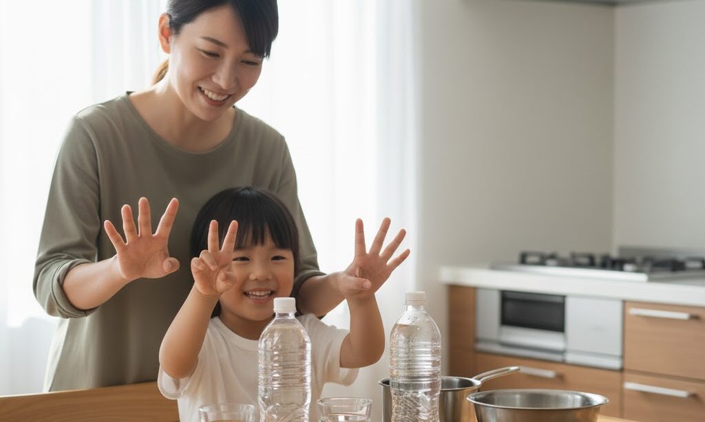 飲む水と調理・衛生用の水を示す3リットルのイメージ。家庭で水の必要量を確認する実写風写真