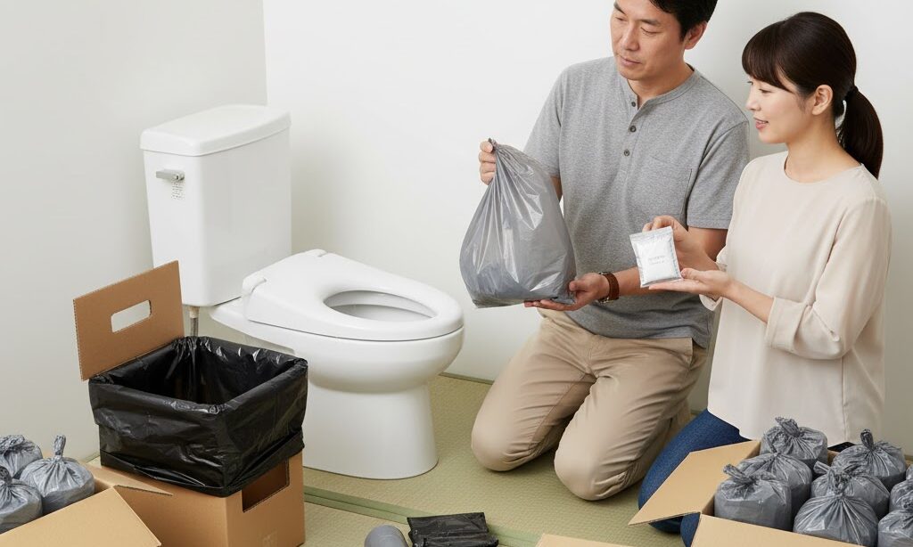 簡易トイレのセット内容と使い方を確認する日本人家族の防災対策