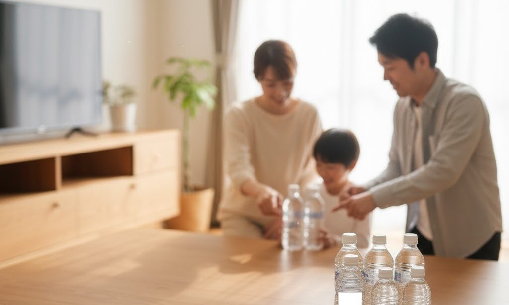 1人1日3リットルの飲料水を人数分そろえて確認する家庭の防災水備蓄のイメージ写真