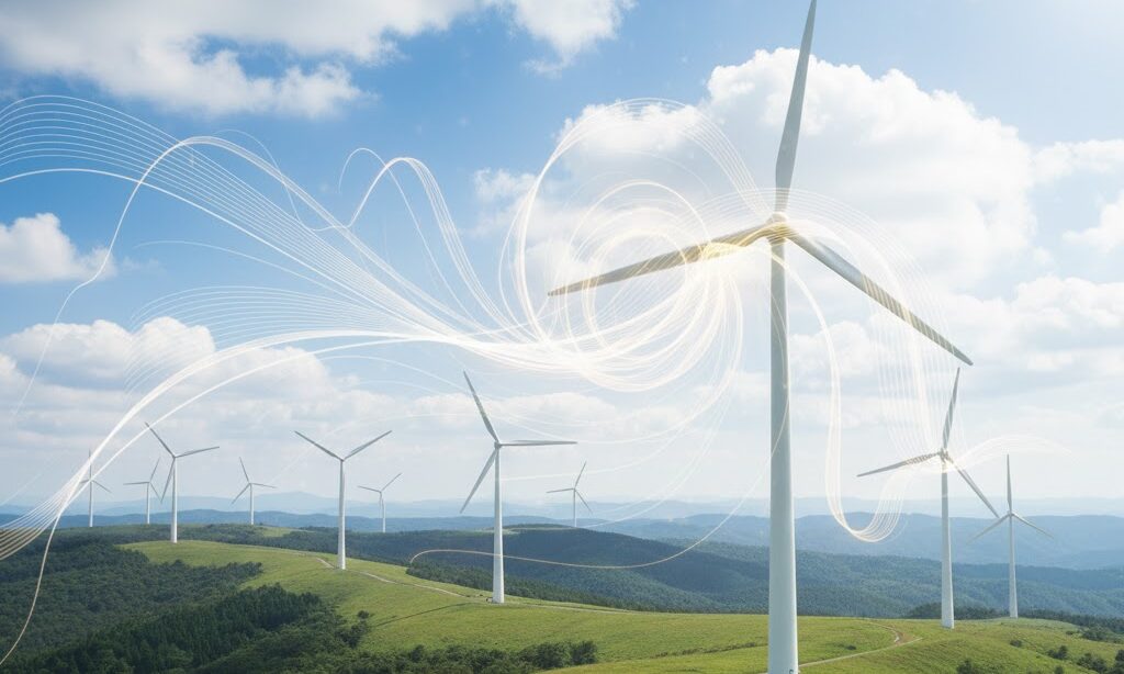 ベッツの法則を象徴する風の流れと風車が並ぶ風力発電の実写風イメージ