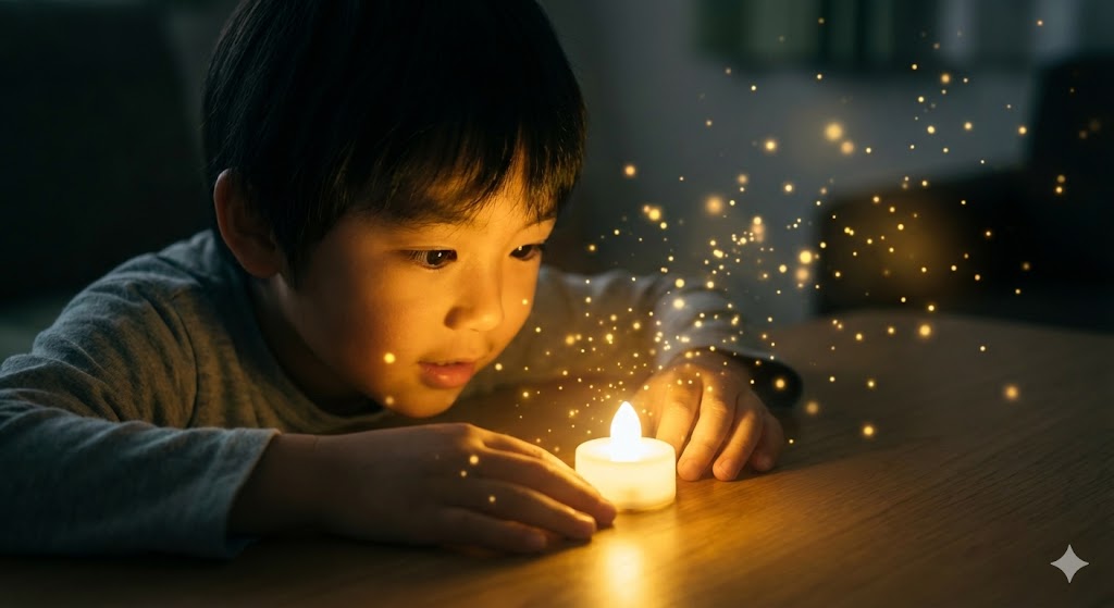 LEDライトの光がホタルのように散る中、子どもが興味深く覗き込む実写風シーン