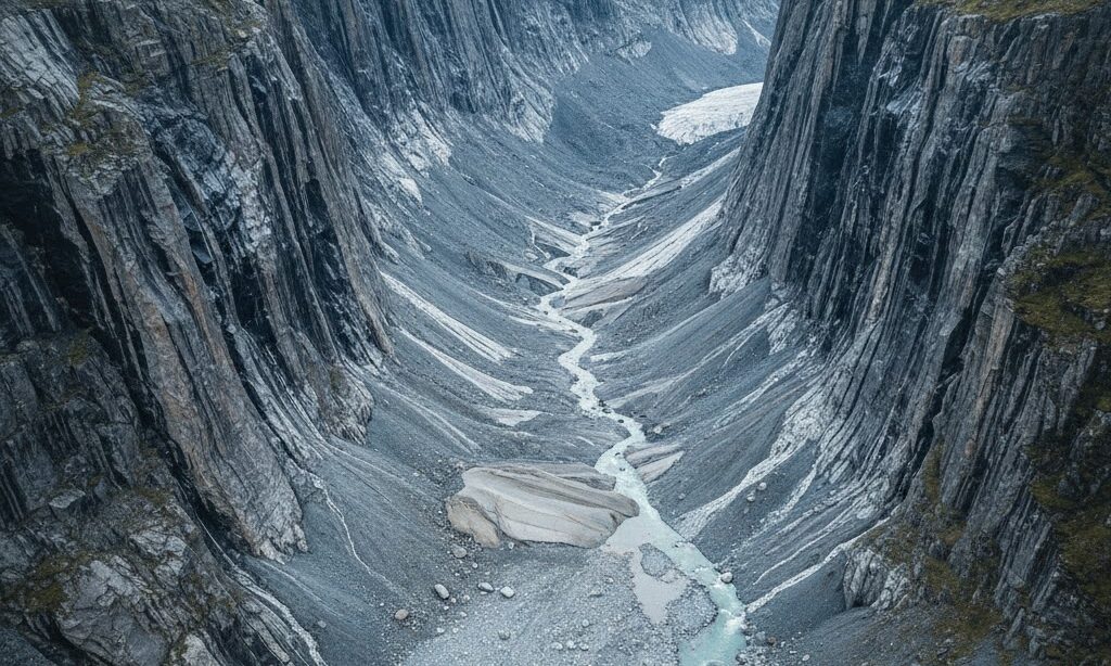 氷河の浸食でできた丸い谷底と切り立った側面が特徴のU字谷の実写写真