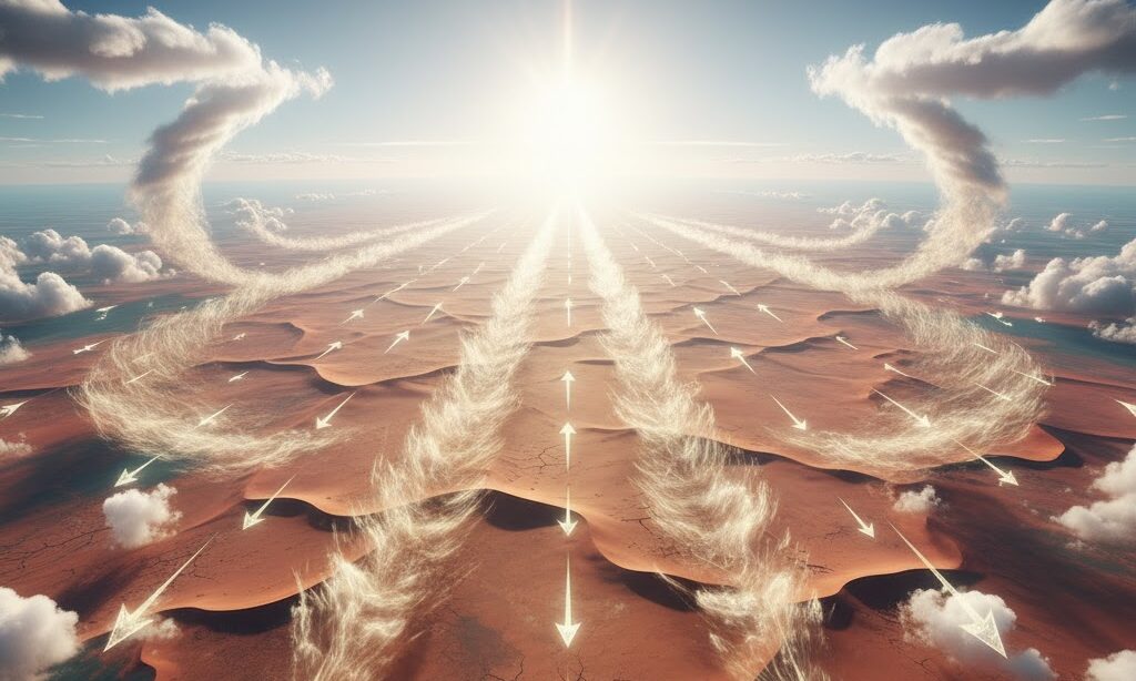 中緯度高圧帯のしくみを表すイメージ|下降気流で雲ができない地域