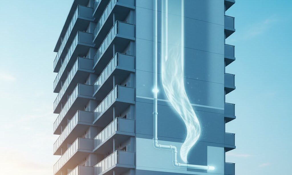 中高層マンションで排水管の逆流リスクをイメージした配管図と建物のイメージ