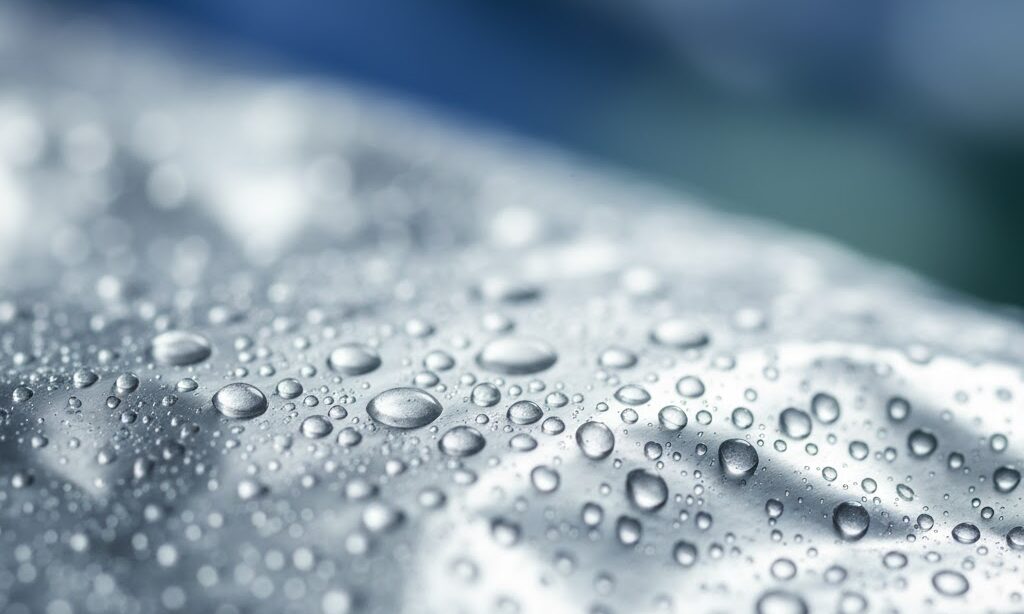 水滴を弾く銀色シートのクローズアップ 防水性と蒸発の遮断を示す防災グッズの実写写真